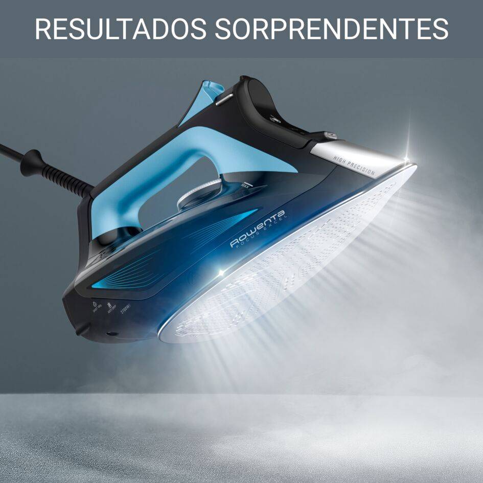 Focus Excel, Plancha de vapor, Gran distribución de vapor, Golpe de 180 g/min, Negra y azul
