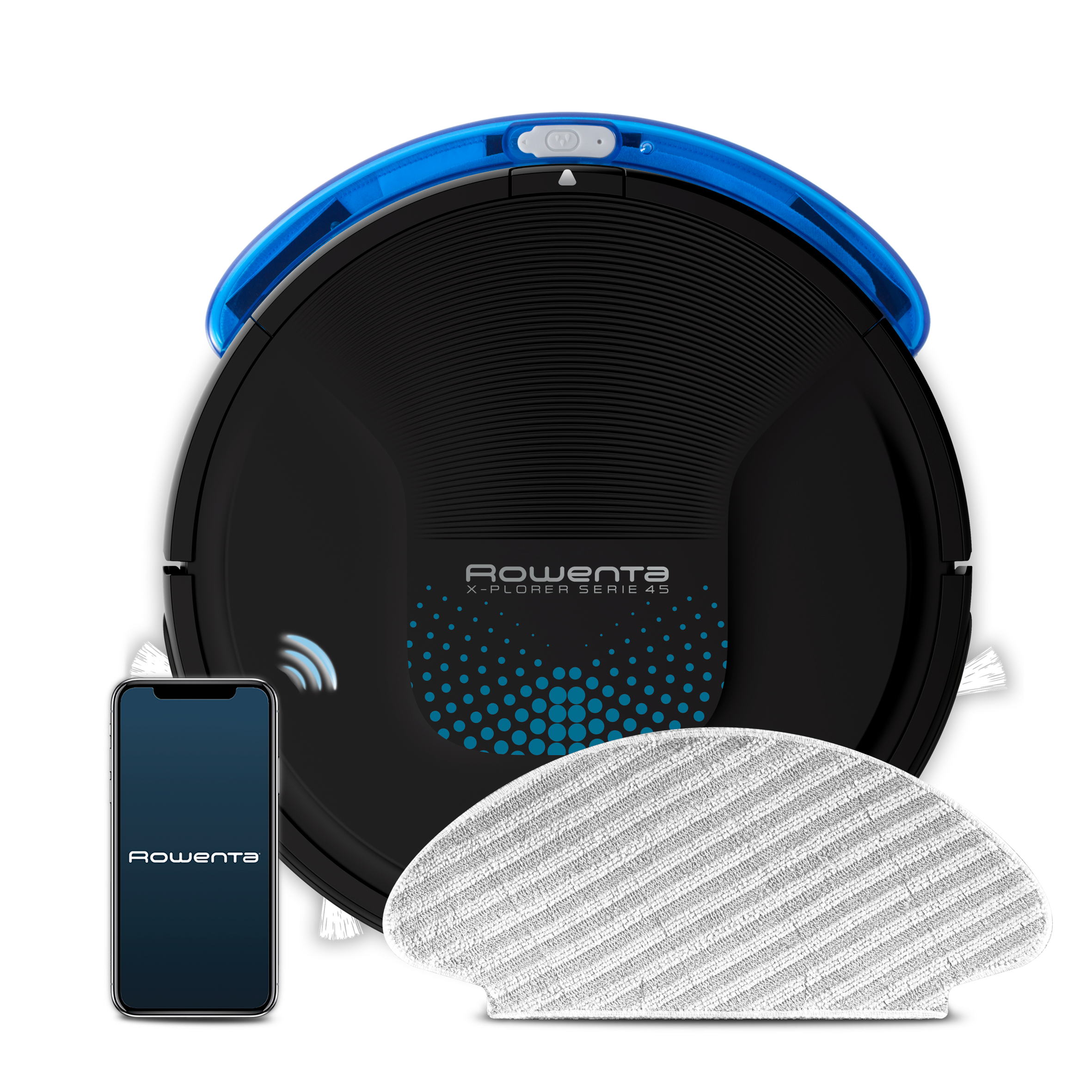 X-Plorer Serie 45 de Rowenta, cepillo motorizado activo, 3 modos de navegación, sistema de fregado Aqua Power, sensores avanzados, batería de litio duradera de hasta 150 min