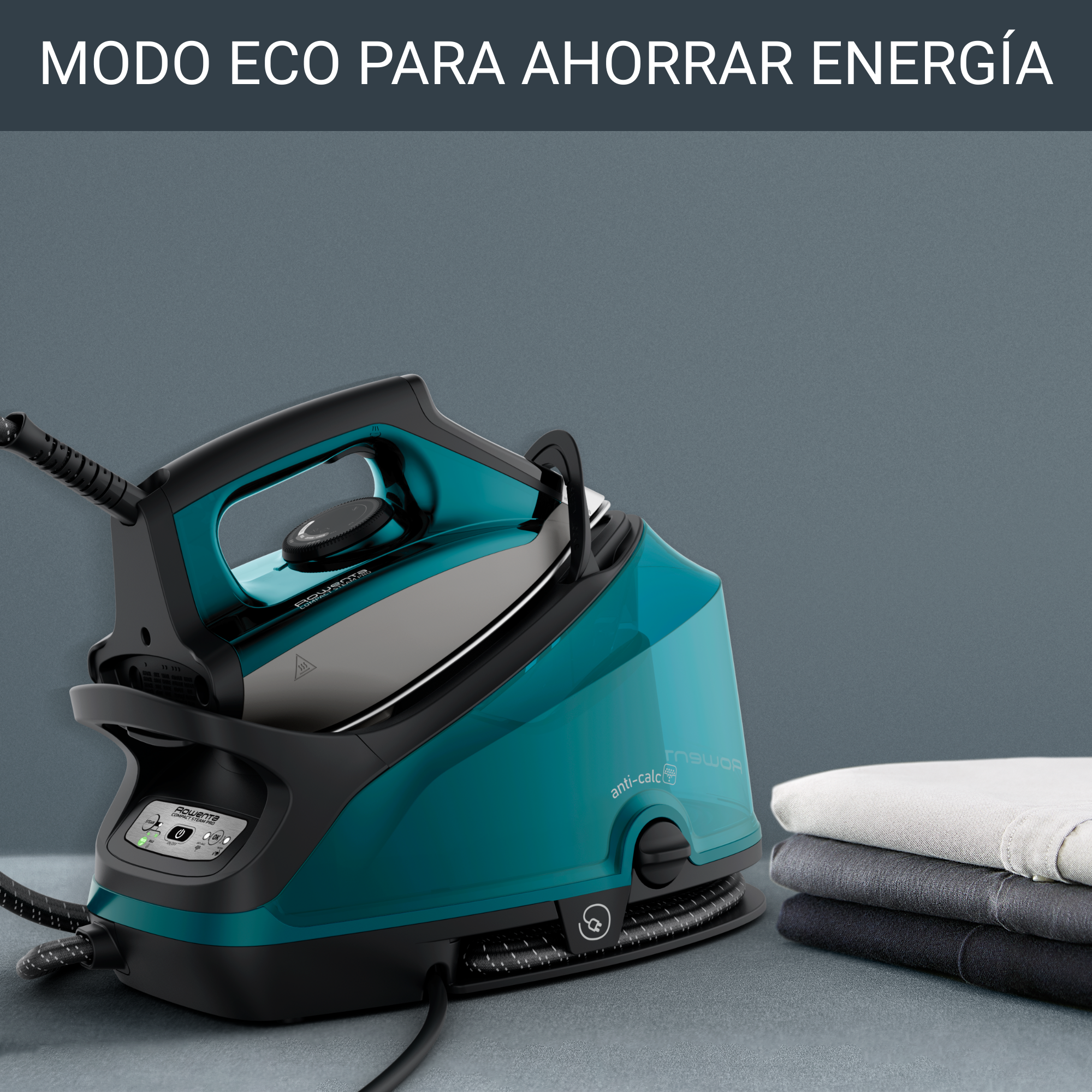 Compact Steam Pro, Centro de planchado, 6,3 bares, Golpe de 325 g/min, Modo Eco, Azul