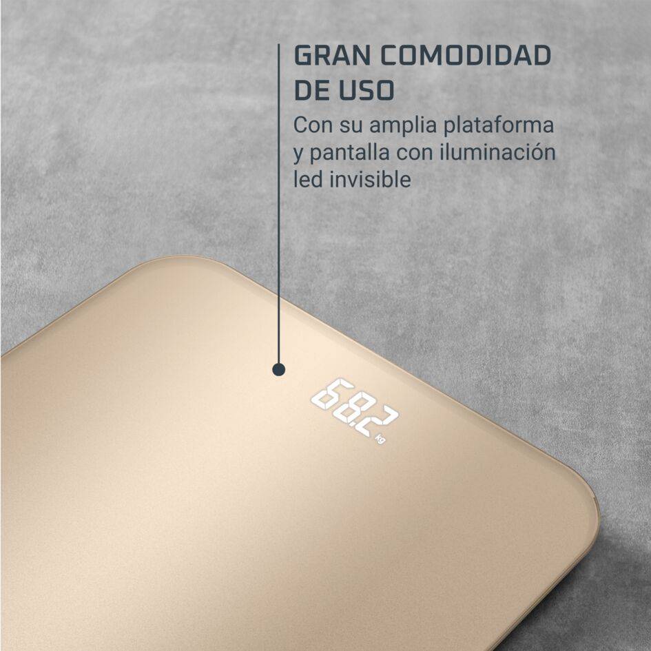 Classic de Rowenta, Báscula de baño, Pantalla invisible de fácil lectura, 180 kg de capacidad, Dorada