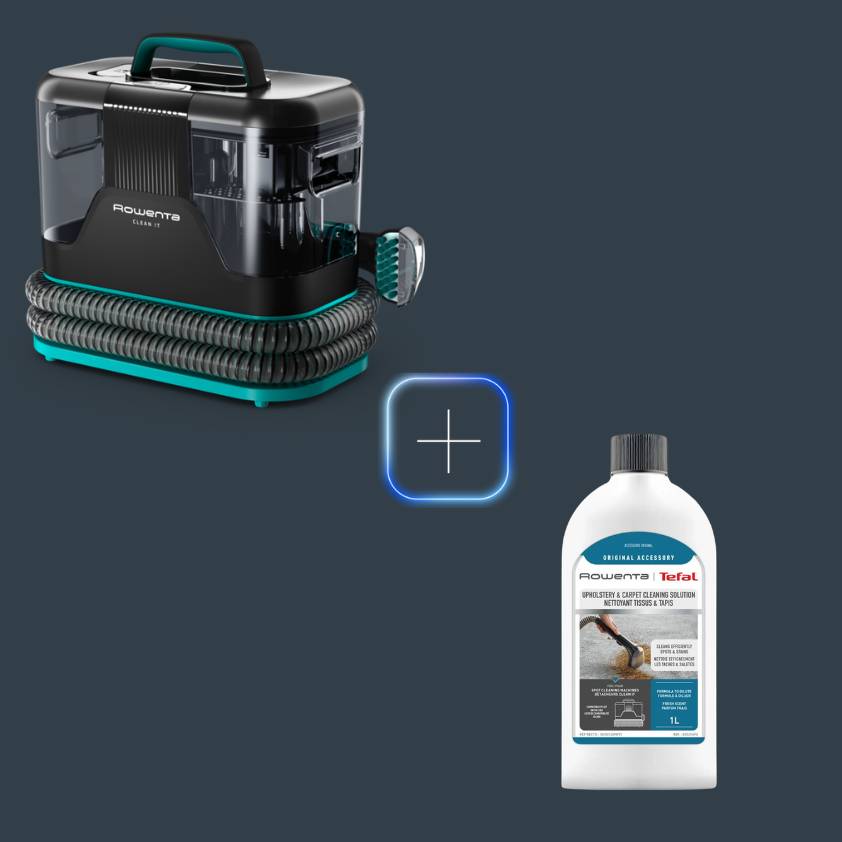 Promo Pack Clean It de Rowenta, Aspirador De Tapicerías + Solución de limpieza para tapicerías y moquetas
